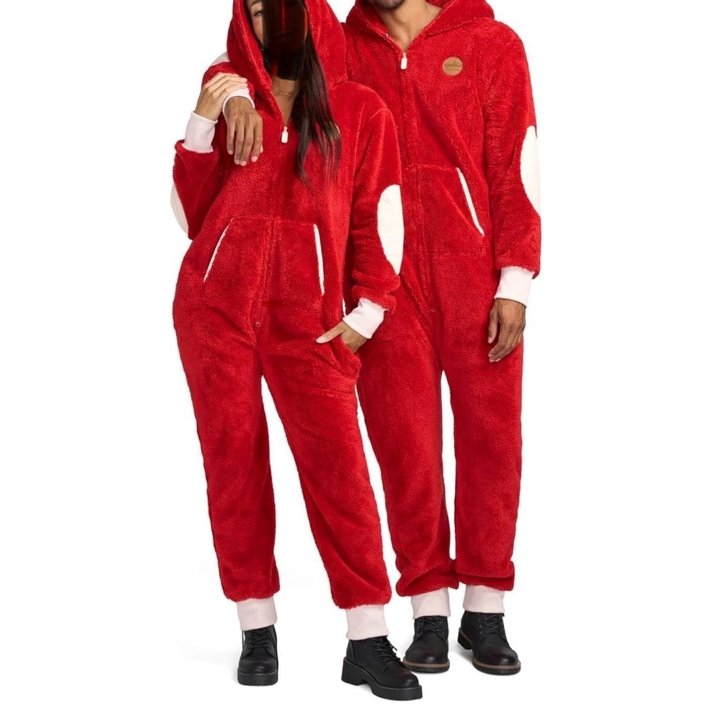 Tipsy Elves Red Sherpa‎ Jumpsuit Hooded Onesie Pajamas Large NEW
